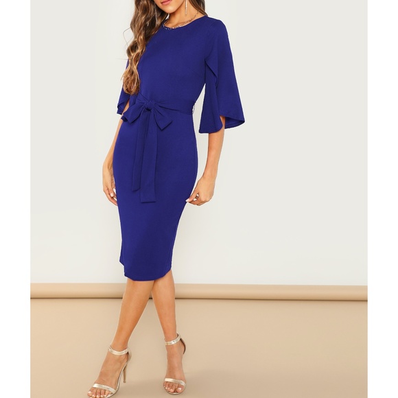 MBM Unlimited Dresses & Skirts - Royal Blue Flutter Sleeve Belted Midi Dress